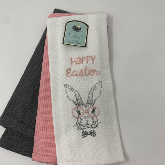 Farmhouse Easter Kitchen Towels Spring Holiday Bunny Rabbit Home Decor Pink Gray - Picture 4 of 6
